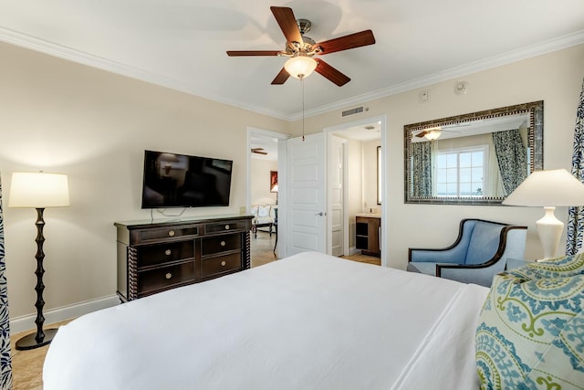 bedroom featuring crown molding, visible vents, a ceiling fan, light wood-type flooring, and baseboards