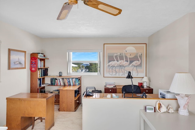 office area with ceiling fan and light carpet