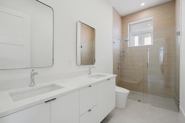 bathroom with vanity, toilet, and a shower with shower door