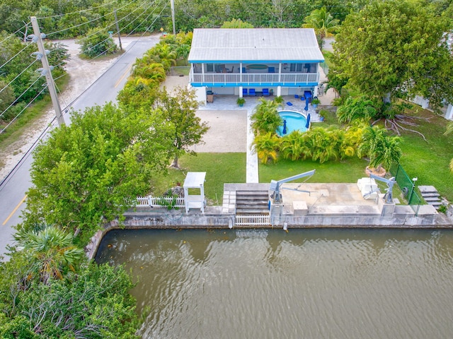 aerial view featuring a water view