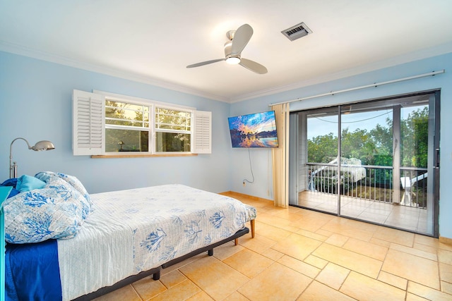 bedroom featuring access to exterior, ceiling fan, visible vents, and ornamental molding