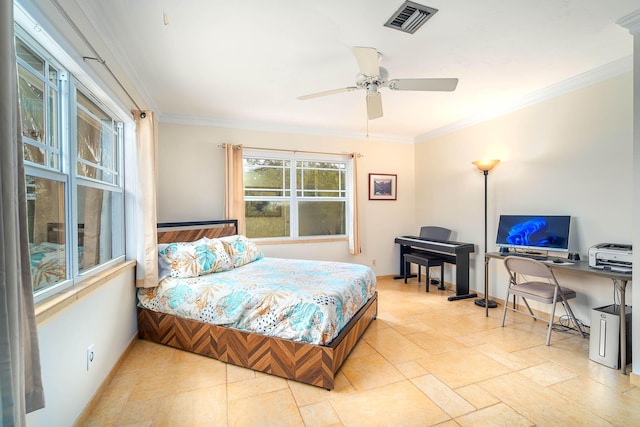 bedroom with baseboards, a ceiling fan, visible vents, and crown molding