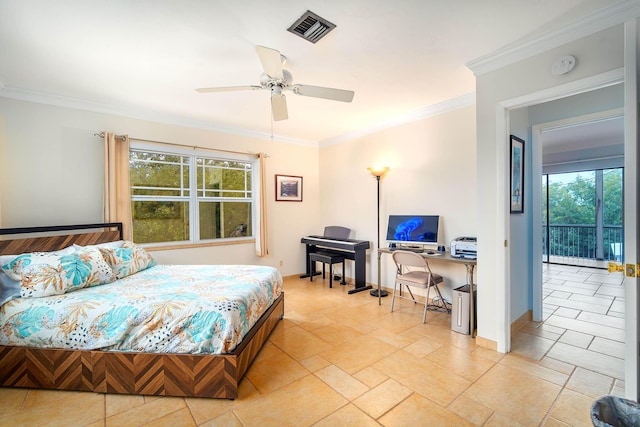 bedroom with crown molding, visible vents, a ceiling fan, access to outside, and baseboards