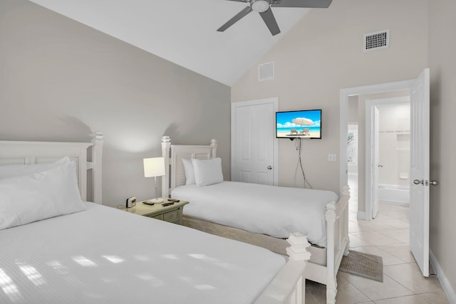 bedroom featuring light tile patterned flooring, high vaulted ceiling, and ceiling fan