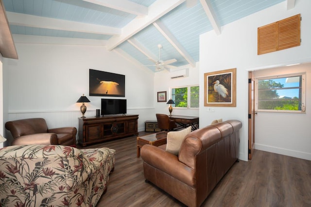 living room with ceiling fan, dark hardwood / wood-style flooring, lofted ceiling with beams, and an AC wall unit