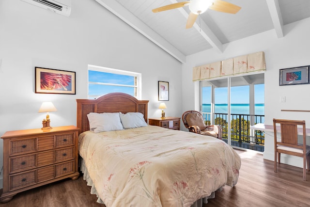 bedroom featuring vaulted ceiling with beams, a water view, a wall mounted air conditioner, access to outside, and dark hardwood / wood-style floors