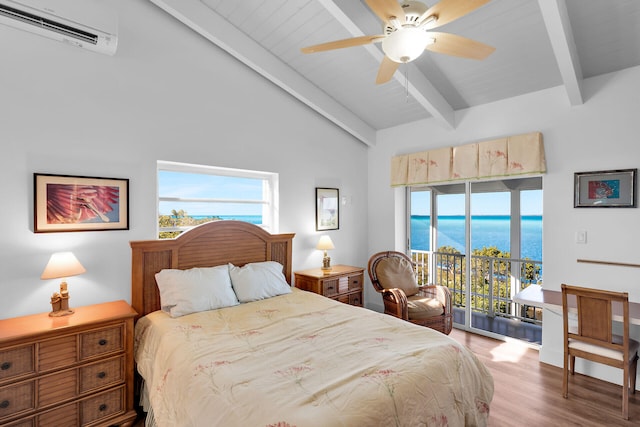 bedroom with a water view, lofted ceiling with beams, light wood-type flooring, access to outside, and a wall unit AC