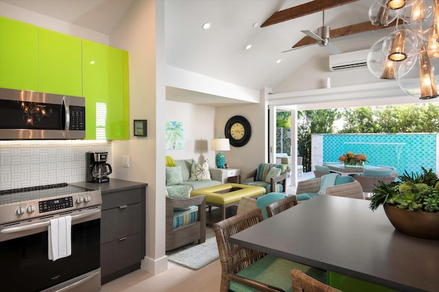 kitchen featuring ceiling fan, backsplash, beam ceiling, stainless steel appliances, and a wall mounted air conditioner