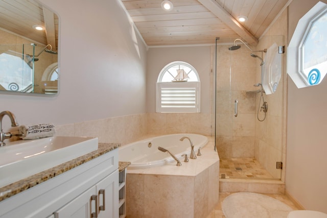 bathroom with wood ceiling, tile patterned floors, vanity, and independent shower and bath