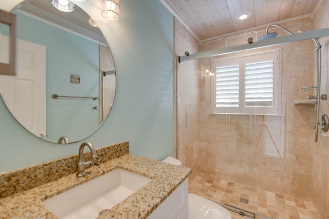 bathroom with toilet, vanity, wood ceiling, walk in shower, and crown molding