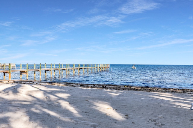 view of water feature with a beach view and a dock