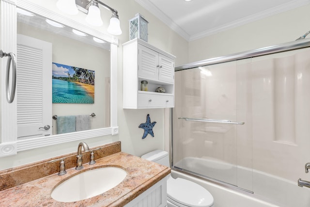 full bathroom featuring ornamental molding, vanity, shower / bath combination with glass door, and toilet