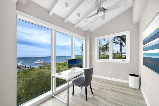 108 N Bounty Ln, Key Largo, FL 33037 - office featuring ceiling fan, light wood-type flooring, wooden ceiling, baseboards, and lofted ceiling with beams