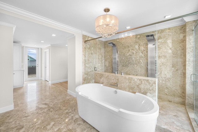 bathroom with a notable chandelier, ornamental molding, and separate shower and tub