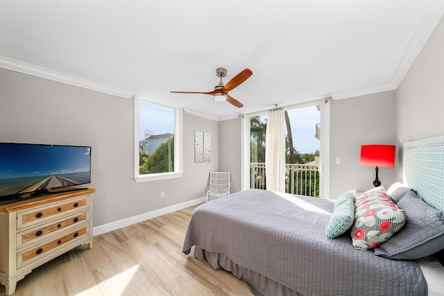 bedroom with crown molding, ceiling fan, access to exterior, and light hardwood / wood-style floors