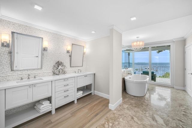 bathroom featuring a water view, vanity, tasteful backsplash, ornamental molding, and a bathing tub