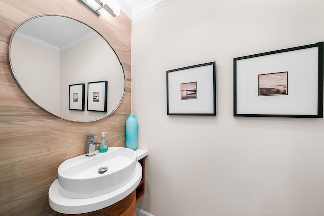 bathroom featuring ornamental molding and vanity