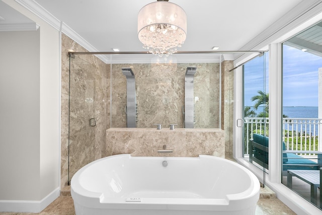 bathroom featuring ornamental molding, a water view, and plenty of natural light