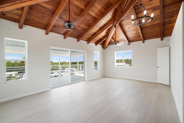 415 Big Pine Rd, Key Largo, FL 33037 - spare room featuring a wooden ceiling with exposed beams, a chandelier, light wood-style flooring, and high vaulted ceiling