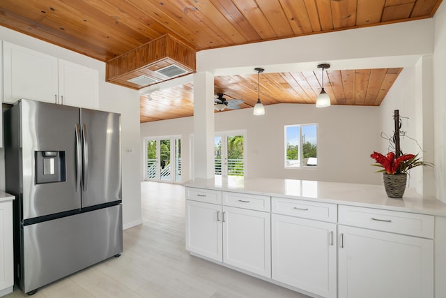 415 Big Pine Rd, Key Largo, FL 33037 - kitchen featuring stainless steel fridge with ice dispenser, wooden ceiling, a peninsula, a ceiling fan, and light countertops