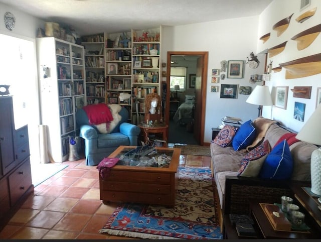 living area with tile patterned flooring