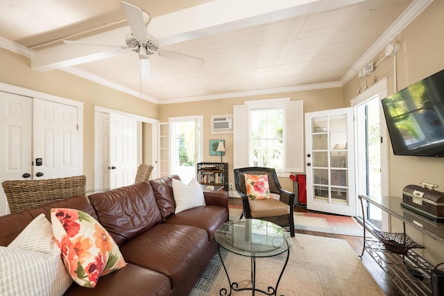 living room with a wall unit AC, crown molding, and ceiling fan