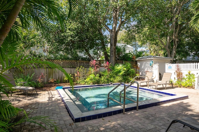 view of swimming pool with a fenced backyard, a patio, and a swimming pool