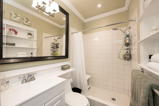 bathroom featuring toilet, ornamental molding, a tile shower, and vanity