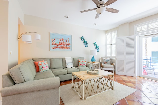 115 Front St Unit 102, Key West, FL 33040 - living area with light tile patterned floors, a ceiling fan, and recessed lighting