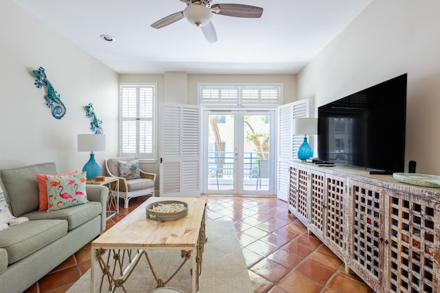 115 Front St Unit 102, Key West, FL 33040 - living room featuring french doors, tile patterned flooring, and ceiling fan