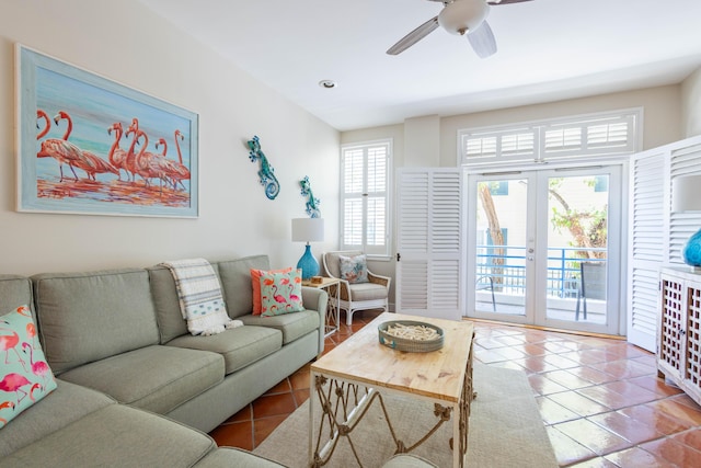 115 Front St Unit 102, Key West, FL 33040 - tiled living area featuring ceiling fan and french doors