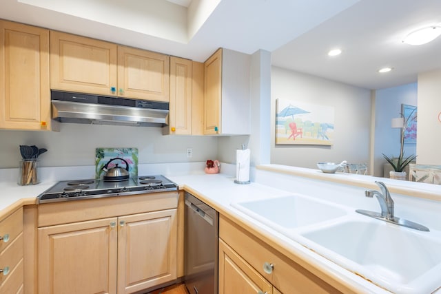 115 Front St Unit 102, Key West, FL 33040 - kitchen with dishwasher, under cabinet range hood, light brown cabinets, and recessed lighting