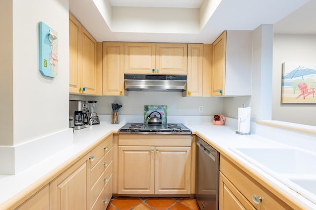 115 Front St Unit 102, Key West, FL 33040 - kitchen with under cabinet range hood, dishwasher, electric cooktop, and light brown cabinetry