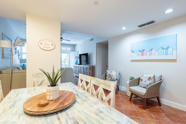 115 Front St Unit 102, Key West, FL 33040 - dining area featuring tile patterned flooring, a ceiling fan, and recessed lighting