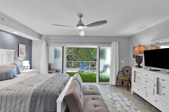 bedroom with access to exterior, a textured ceiling, and ceiling fan