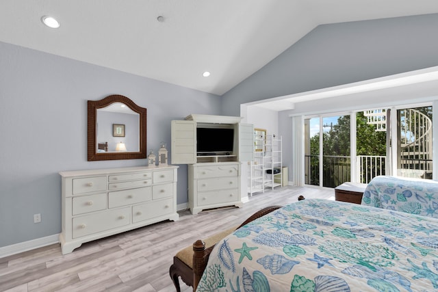 bedroom featuring access to exterior, vaulted ceiling, and light wood-type flooring