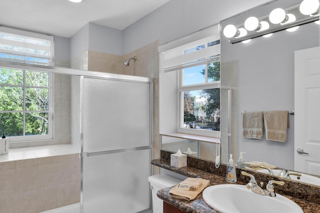 bathroom featuring a shower with door, vanity, a healthy amount of sunlight, and toilet