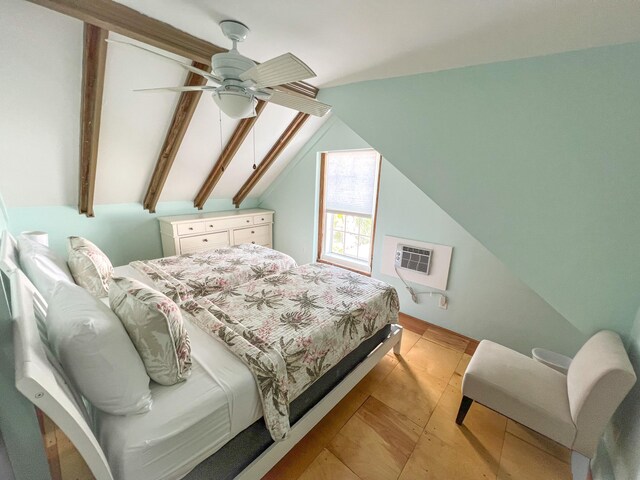846 Olivia St, Key West, FL 33040 - bedroom featuring vaulted ceiling, an AC wall unit, ceiling fan, and light wood-type flooring