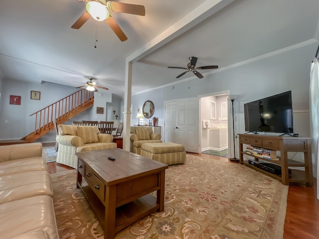 846 Olivia St, Key West, FL 33040 - living area featuring a ceiling fan, stairs, wood finished floors, and crown molding