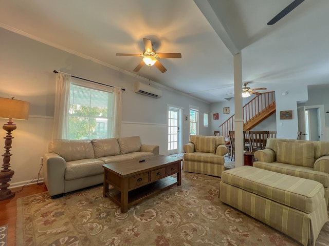 846 Olivia St, Key West, FL 33040 - living area with a ceiling fan, a wall unit AC, stairway, crown molding, and wood finished floors