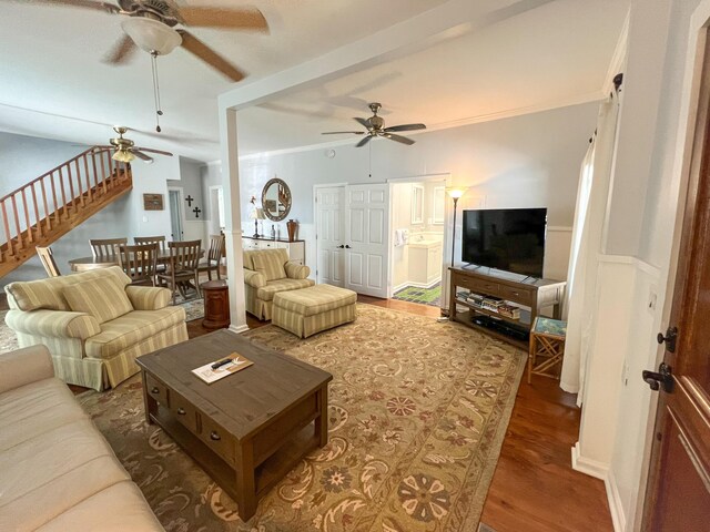 846 Olivia St, Key West, FL 33040 - living room featuring ceiling fan, wood finished floors, and stairs