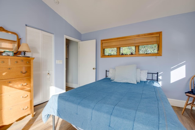 bedroom featuring light hardwood / wood-style floors, vaulted ceiling, and a closet