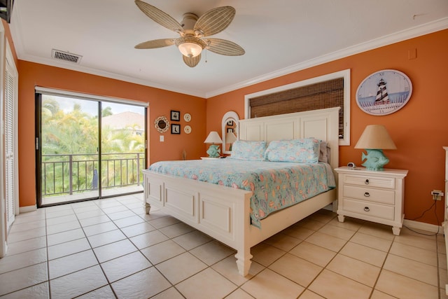 bedroom featuring crown molding, ceiling fan, light tile patterned flooring, and access to outside