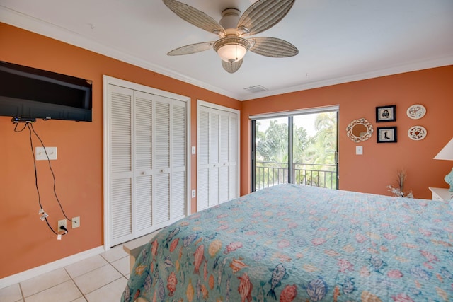 bedroom featuring multiple closets, crown molding, access to outside, and light tile patterned floors