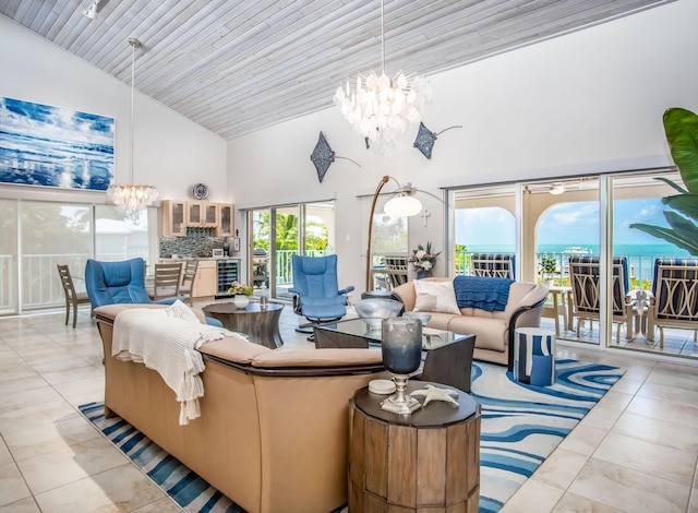 tiled living room featuring an inviting chandelier, wood ceiling, high vaulted ceiling, and wine cooler