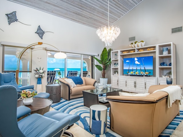 living room featuring a notable chandelier, wood ceiling, and high vaulted ceiling