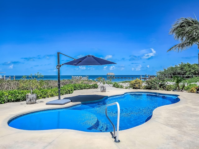 view of pool with a water view