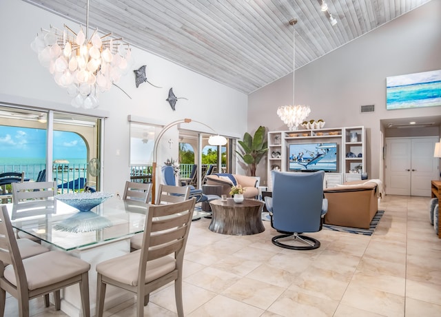 dining room featuring wood ceiling, high vaulted ceiling, a water view, light tile patterned flooring, and a chandelier