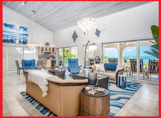 tiled living area with high vaulted ceiling, wine cooler, wooden ceiling, and an inviting chandelier