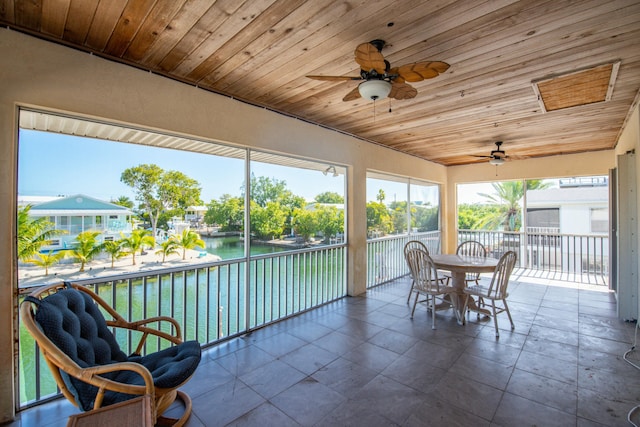 sunroom with a water view, ceiling fan, and wooden ceiling